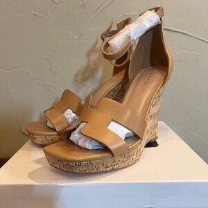 NEW Women's Bamboo Tan Strappy Wedge Heel Open Toed Heel - 6.5